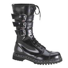 Load image into Gallery viewer, outer side view of Real black leather full front lace-up, no zipper mid-calf boot features 3 adjustable straps over top of laces
