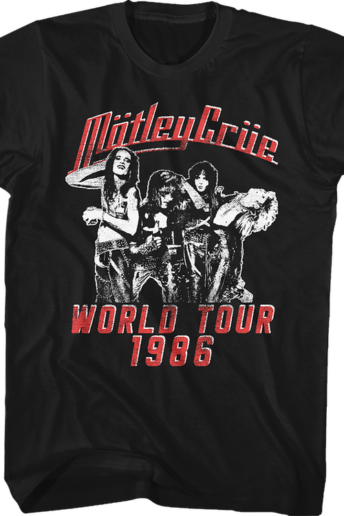 black unisex motley crue shirt with logo and world tour 1986 poster graphic with text that reads 