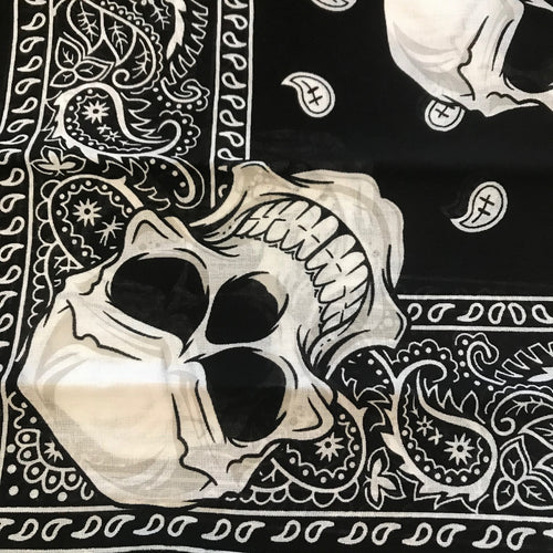 Black bandana with large skull and large crossbones paisley print.