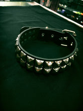 Load image into Gallery viewer, black leather collar with two rows of silver pyramid studs
