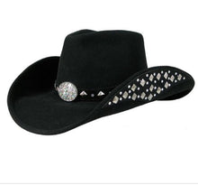 Load image into Gallery viewer, Black felt cowboy hat, silver pyramid studs around base, bedazzled jewel on front, jewels and studs along underside of brim on both sides
