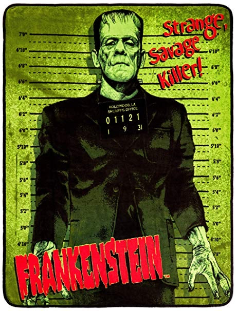 Micro plush fleece throw blanket features the iconic Frankenstein in a mug shot with green background; mirror image on back. Durable stitched-finished edge. 