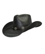 Load image into Gallery viewer, Black semi shiny straw material cowboy hat, brown two row bead design with multiple metal conchos around brim
