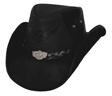 Load image into Gallery viewer, Real black leather, embossed skull with wings on front base of hat, braided leather around base of hat, skull and wings pendant on front of hat
