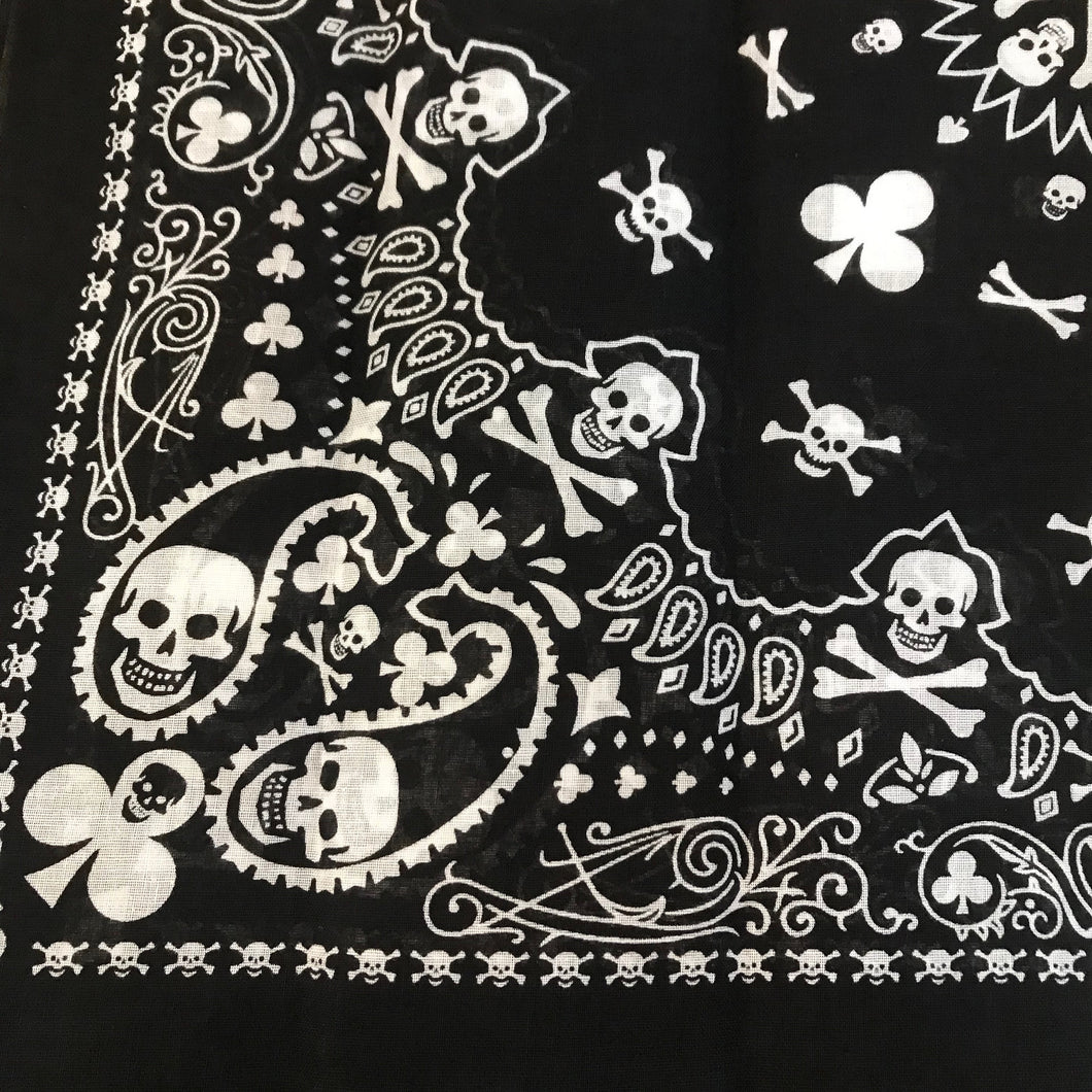 Black bandana with skull and crossbones paisley clover print.