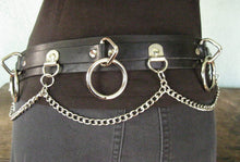 Load image into Gallery viewer, mannequin displaying black leather belt with five silver hanging bondage o rings and silver hanging chain
