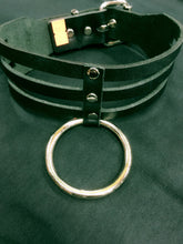 Load image into Gallery viewer, black leather three row strap sub bondage collar with large silver hanging o ring. shows adjustable buckle closure
