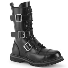 Load image into Gallery viewer, outer side view of Real black leather, 12 Eyelet, steel toe lace-up triple buckle ankle boot with rubber sole and full length inside zip closure.
