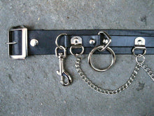 Load image into Gallery viewer, mannequin displaying black leather belt with five silver hanging bondage o rings and silver hanging chain
