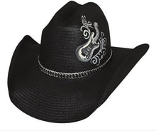 Load image into Gallery viewer, Black western straw cowboy hat with metal chain band around base and  painted guitar design on left front side
