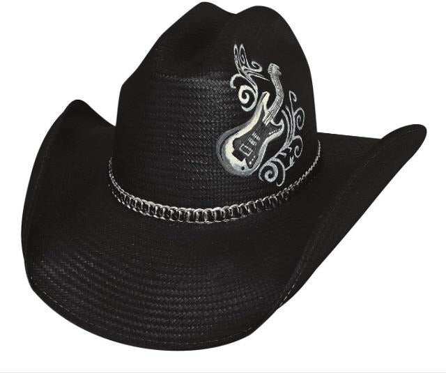 Black western straw cowboy hat with metal chain band around base and  painted guitar design on left front side