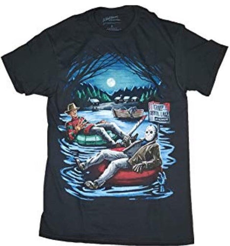 Black unisex shirt with comedy design featuring freddy krueger and jason voorhees floating on intertubes on camp crystal lake