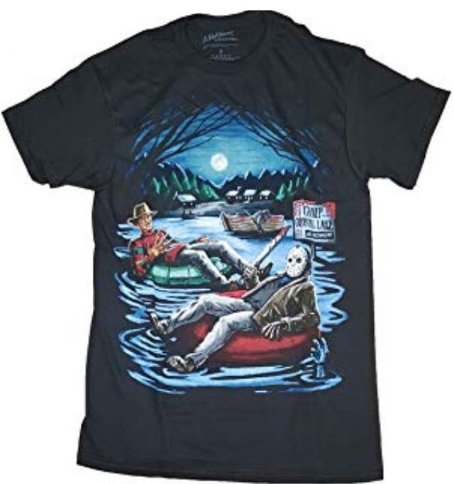 Black unisex shirt with comedy design featuring freddy krueger and jason voorhees floating on intertubes on camp crystal lake