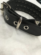 Load image into Gallery viewer, black leather collar with three rows of multiple silver pyramid studs. show adjustable buckle closure
