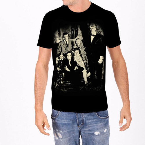 front of Black T-Shirt with a portrait of the Addams Family.