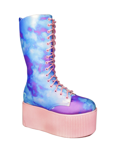 outer view of printed blue, purple, pink pastel upper, pink molded outsole, pink enamel eyelets and pink round lace boot. Boot has full lace-up front and full inner side zip.