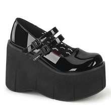 Load image into Gallery viewer, outer view of black vinyl patent 4.5&quot; platform Mary jane style with double adjustable straps across top
