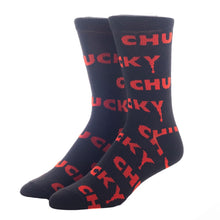 Load image into Gallery viewer, all black with red chucky logo mid calf crew socks
