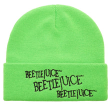 Load image into Gallery viewer, neon green beanie with embroidered &quot;beetlejuice, beetlejuice, beetlejuice&quot; on the bottom brim
