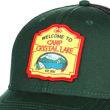 Load image into Gallery viewer, green hat with &quot;welcome to camp crystal lake&quot; patch on front center

