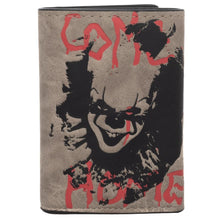 Load image into Gallery viewer, back of IT Pennywise wallet with pennywise the clown picture and text that reads &quot;come home&quot;
