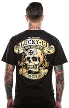 Load image into Gallery viewer, back of Black Lucky 13 t-shirt with a back print of the Lucky 13 &quot;Booze, Bikes &amp; Broads&quot; graphic and a front left chest print to match.

