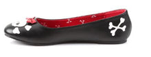 Load image into Gallery viewer, inner side view of Black vegan leather flats with skull and crossbone with red bow on front center of toe and cross bones on back left/right of shoe.
