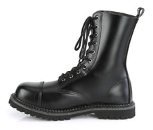 Load image into Gallery viewer, left side view of black real leather 10 eyelet steel toe boot
