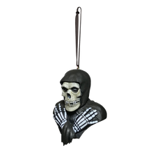Load image into Gallery viewer, classic misfits fiend white skeleton bust with black hood and skeleton hands crossed on chest. has attached black ribbon for hanging
