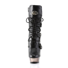 Load image into Gallery viewer, front side view of black vegan leather, 5.5&quot; silver finger bone heel 1.5&quot; platform lace up calf high boot features skull buckle straps and has full inner side zip
