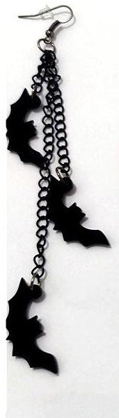 Three silver zinc alloy chains hanging from hook stud. Chains hang at different lengths with an acrylic black see-through bat hanging from each chain.