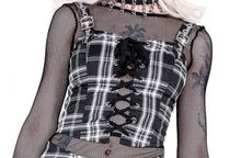 Load image into Gallery viewer, front of Classic black and white plaid top has lacing up the front and buckle shoulder strap details and zips up the back.
