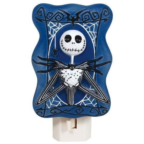 Nightmare Before Christmas Jack Skellington bust nightlight. Nightlight has a blue background with gothic trip, a bat on the top center, and Jack Skellington in the center with his hands on his chest. Jack is framed by white spiderwebs.