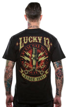 Load image into Gallery viewer, back of Lucky 13 amped t-shirt with a full back print of their classic &quot;Amped&quot; graphic, and a front left chest print.
