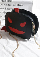 Load image into Gallery viewer, front view of black pumpkin jack o&#39; lantern bag
