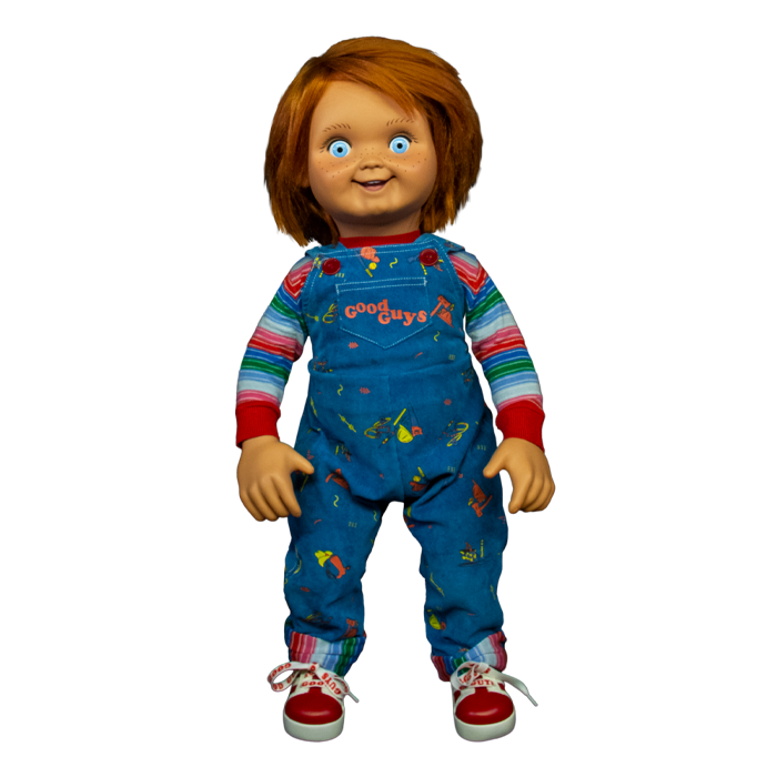 front of Chucky doll replicated from Child's Play 2. Classic overalls, striped shirt, and good guys shoes.