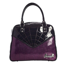 Load image into Gallery viewer, Glossy black vinyl and purple stitched spider webbing, along with contrast purple glitter panel with backseat stitching. Generously sized and can double as an overnight bag, complete with satin leopard liner and signature metal Sourpuss emblem and reinforced studded handles.
