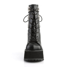 Load image into Gallery viewer, front view of Black vegan leather 3 3/4&quot; heel, 2 1/4&quot; platform lace-up front ankle boot, with triple studded ornamental straps and pyramid stud &amp; horseshoe rings at back.

