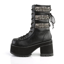 Load image into Gallery viewer, inner view of Black vegan leather 3 3/4&quot; heel, 2 1/4&quot; platform lace-up front ankle boot, with triple studded ornamental straps and pyramid stud &amp; horseshoe rings at back.
