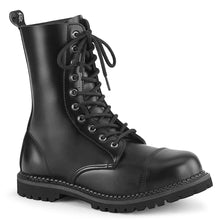 Load image into Gallery viewer, right side view of black real leather 10 eyelet steel toe boot
