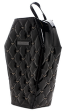 Load image into Gallery viewer, front of Black vegan vinyl coffin shaped backpack. Backpack has quilted pattern, with small silver bat studs all over backpack. Backpack has top zipper closure, two adjustable straps on the back, and black and white spiderweb liner,
