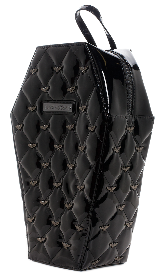 front of Black vegan vinyl coffin shaped backpack. Backpack has quilted pattern, with small silver bat studs all over backpack. Backpack has top zipper closure, two adjustable straps on the back, and black and white spiderweb liner,