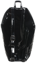 Load image into Gallery viewer, back of Black vegan vinyl coffin shaped backpack. Backpack has quilted pattern, with small silver bat studs all over backpack. Backpack has top zipper closure, two adjustable straps on the back, and black and white spiderweb liner,
