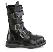 Load image into Gallery viewer, outer view of Real black leather, 12 Eyelet, steel toe lace-up triple buckle ankle boot with rubber sole and full length inside zip closure.
