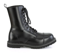 Load image into Gallery viewer, right side view of black real leather 10 eyelet steel toe boot
