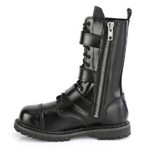 Load image into Gallery viewer, inner view of Real black leather, 12 Eyelet, steel toe lace-up triple buckle ankle boot with rubber sole and full length inside zip closure.

