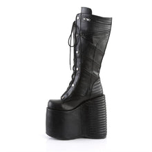 Load image into Gallery viewer, inner side view of 7&quot; platform Full lace-up front, no zipper Knee high boot Features moto jacket inspired stitching and ornamental zipper details

