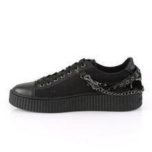 Load image into Gallery viewer, inner side view of black 1.5&quot; platform rubber sole Low top round toe lace-up front creeper sneaker Features 3 interchangeable metal chains on the heel
