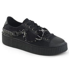 Load image into Gallery viewer, outer side view of black 1.5&quot; platform rubber sole Low top round toe lace-up front creeper sneaker Features 3 interchangeable metal chains on the heel
