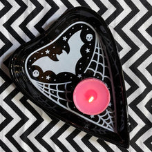 Load image into Gallery viewer, Use as a place to stash jewelry, coins, or other small things. Planchette is black, with a white bat, small white skull and stars details,, and white spiderweb details. CANDLE NOT INCLUDED.
